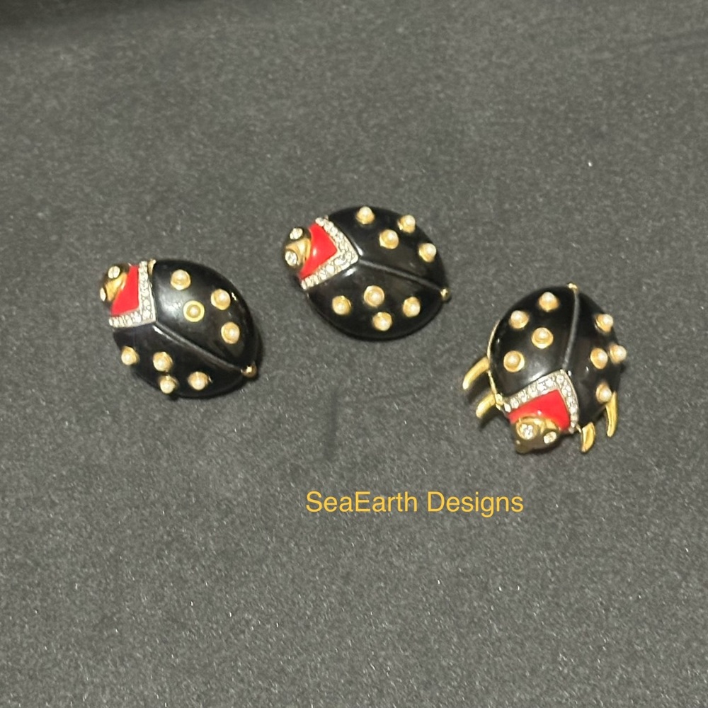 Vintage Signed Kenneth Lane ladybug earrings and pin.